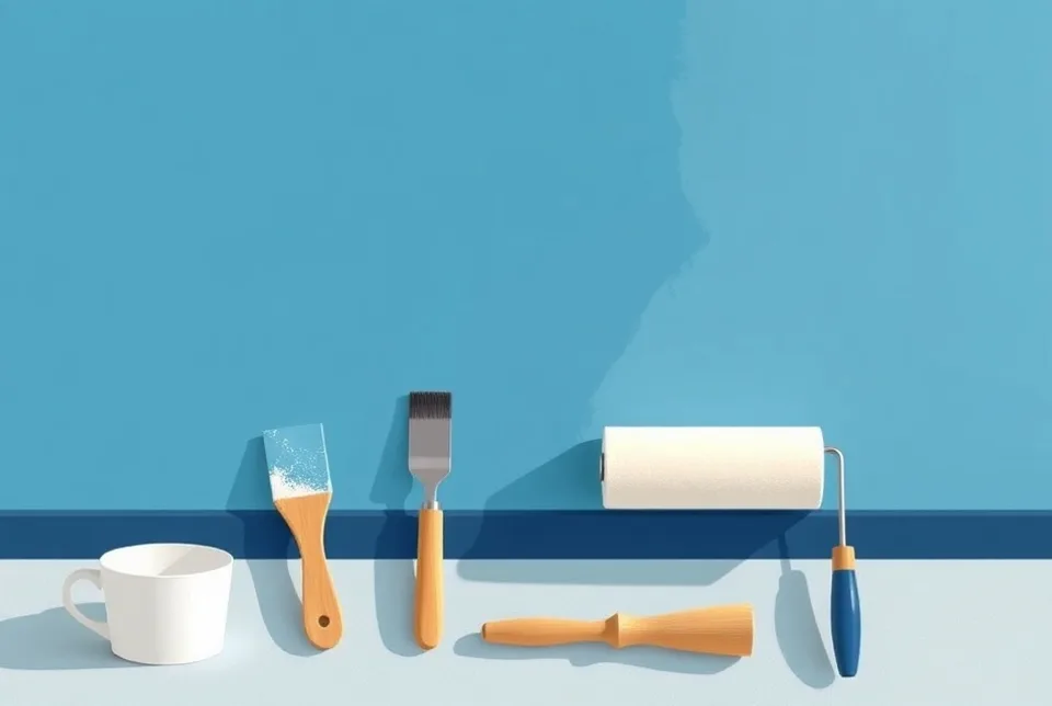 Outils de peinture disposés dans l'ordre des étapes du chantier