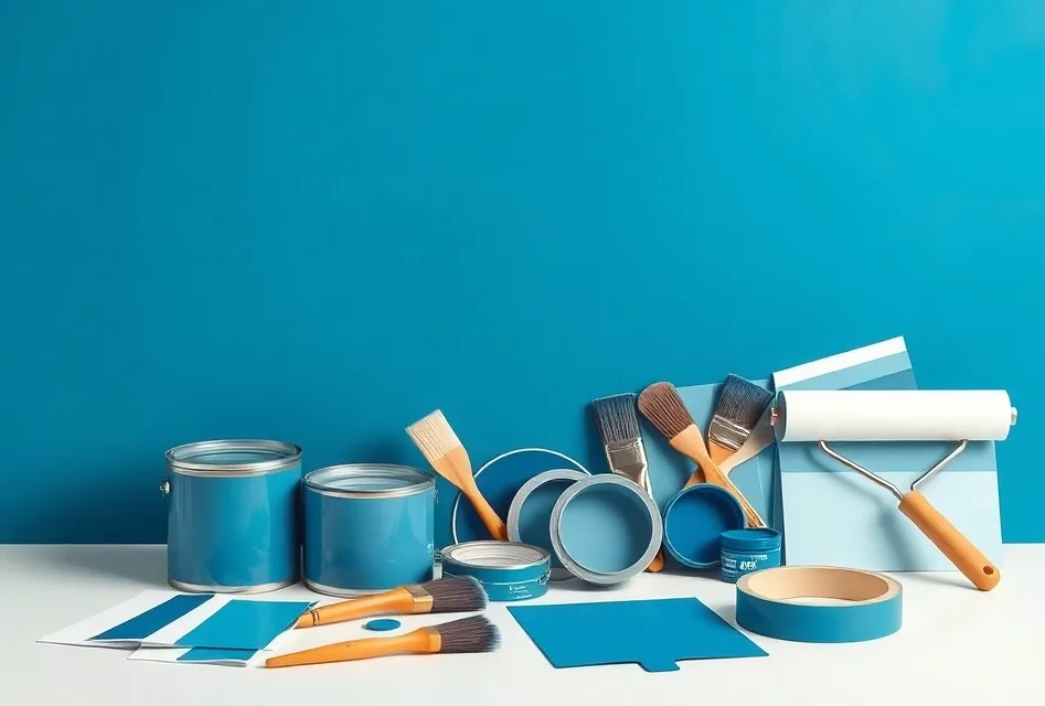 Pots de peinture, nuancier, brosses et rouleaux disposés à plat