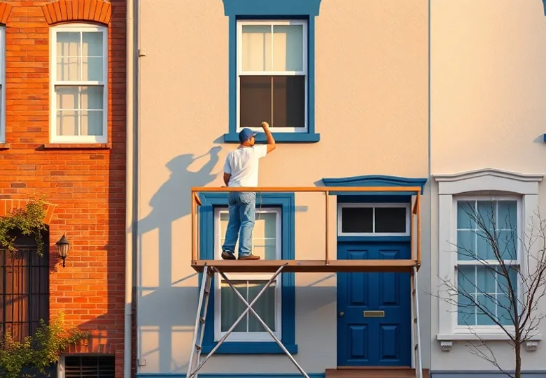 Peintre sur échafaudage traitant la façade d'une maison