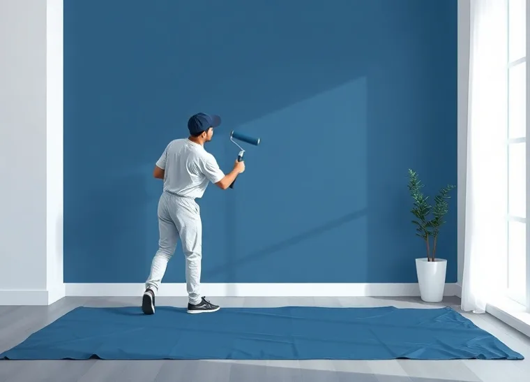Peintre appliquant la peinture au rouleau sur un mur de salon